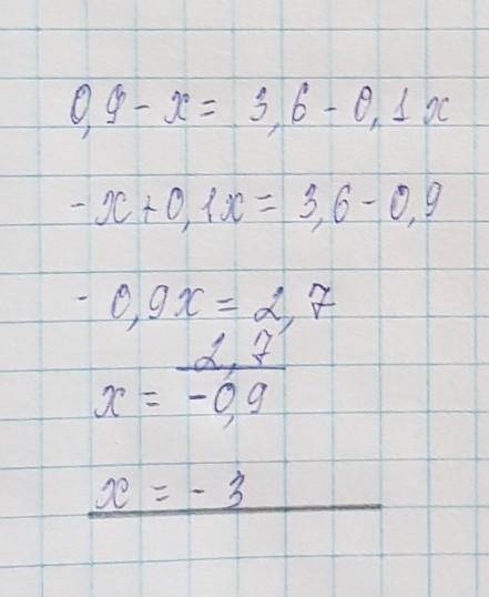Знайдіть значення змінної для якого рівні вирази 0,9-x і 3,6-0,1x.Будь ласка