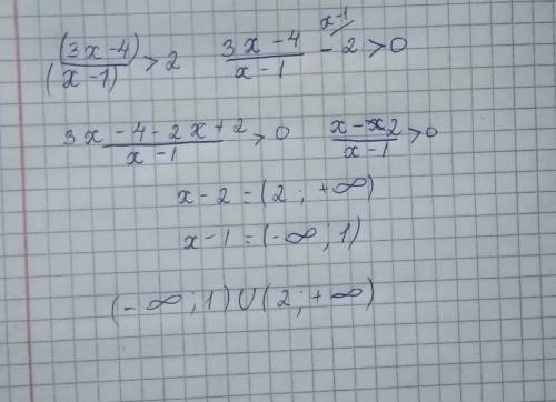 Решите неравенство методом интервалов (3x-4)/(x-1)>2 ответ должен получится(-∞ ;1)U (2;+∞)