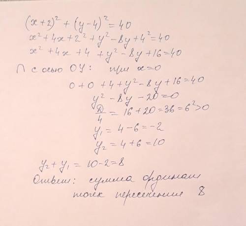 Найдите сумму ординат точек пересечения окружности (x+2)^2+(y-4)^2=40 с осью ОУ