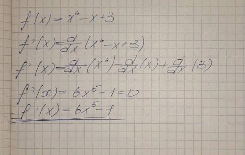 Знайдіть f '(x), якщо f(x)=x^6-x+3 6x^6-x+3 6x^6-1 6x^5-x+3 6x^5-1
