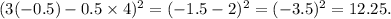 (3( - 0.5) - 0.5 \times 4) {}^{2} = ( - 1.5 - 2) {}^{2} = ( - 3.5) {}^{2} = 12.25.