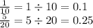 \frac{1}{10} = 1 \div 10 = 0.1 \\ \frac{5}{20} = 5 \div 20 = 0.25
