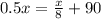 0.5x = \frac{x}{8} + 90 \\