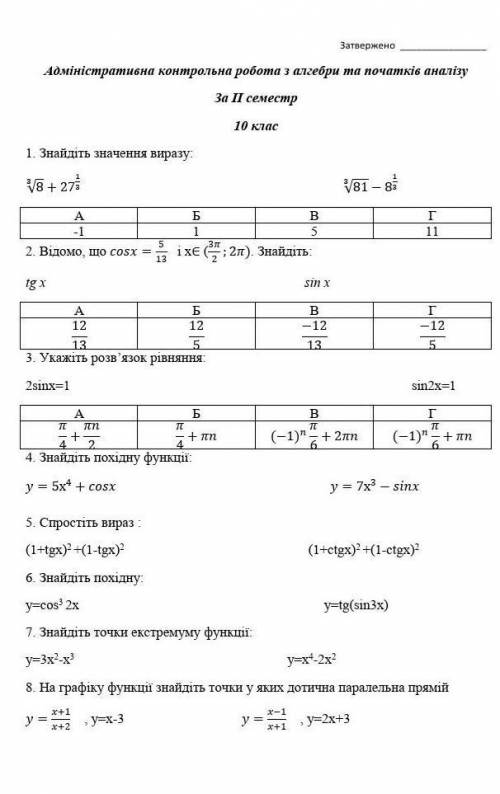 Підсумкова контрольна робота за ІІ семестр з алгебри та початків аналізу, 10 клас