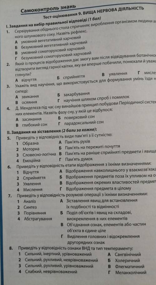 Тест оцінювання 9.Вища нервова діяльність 