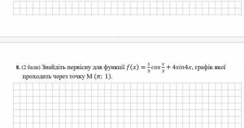 Знайдіть первісну для функції f(x)=1/3 cos x/3+4sin4x, графік якої проходить через точку M (π; 1).