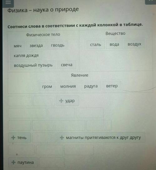 Физика -наука о природе соотнеси слова с каждой колоной в таблице​