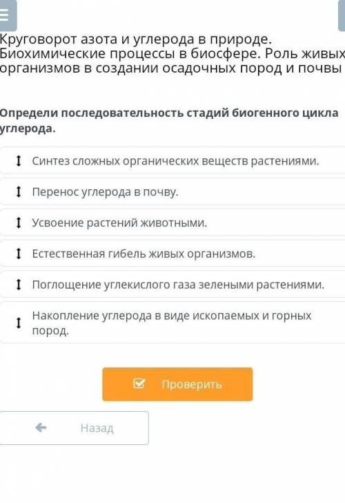 Определи последовательность стадий биогенного цикла углерода.
