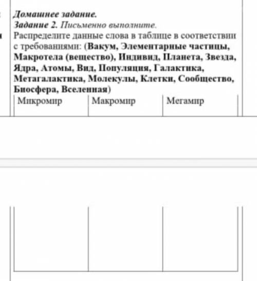 Распределите данные слова в таблице в соответствии с требованиями: (Вакум,Элементарные частицы,Макро