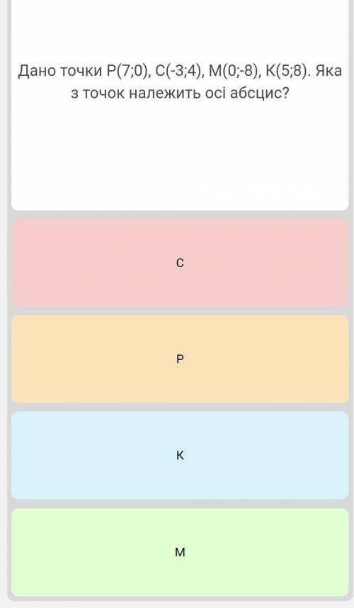 Дано точки Р(7,0) С(-3,4) М(0,-8) К(5,8) Яка з точок належить осі абсцис 