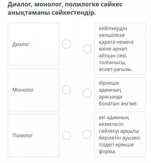 Рухани құндылықтар диалог,монолог,полилогке сәйкес анықтаманы сәйкестендір.