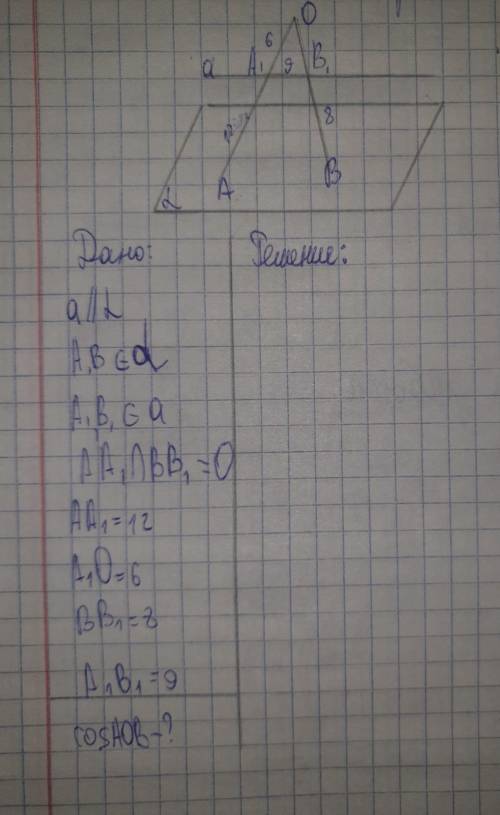 Если AA1 = 12, A1O = 6, BB1 = 8 и A1B1 = 9, определи значение косинуса угла AOB, округленное до деся