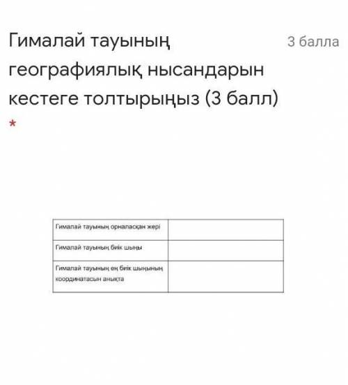 Гималай тауының географиялық нысандарын кестеге толтырыңыз ( ) *
