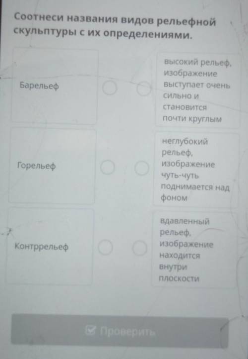 Соотнеси названия видов рельефнойскульптуры с их определениями.​