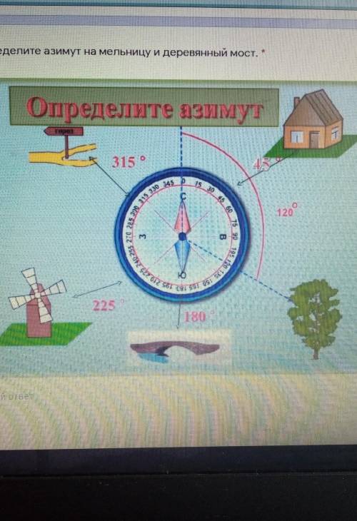 Определите азимут на мельницу и деревянный мост. Определите азимут315° 45° 120° 180° 225°