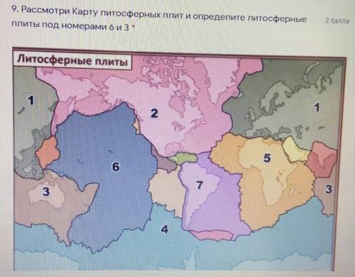 9. Рассмотри Карту литосферных плит и определите литосферныеПлиты под номерами 6 и 3 *