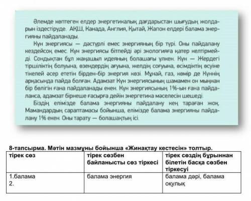 Мәтін мазмұны бойынша «Жинақтау кестесін» толтыр.