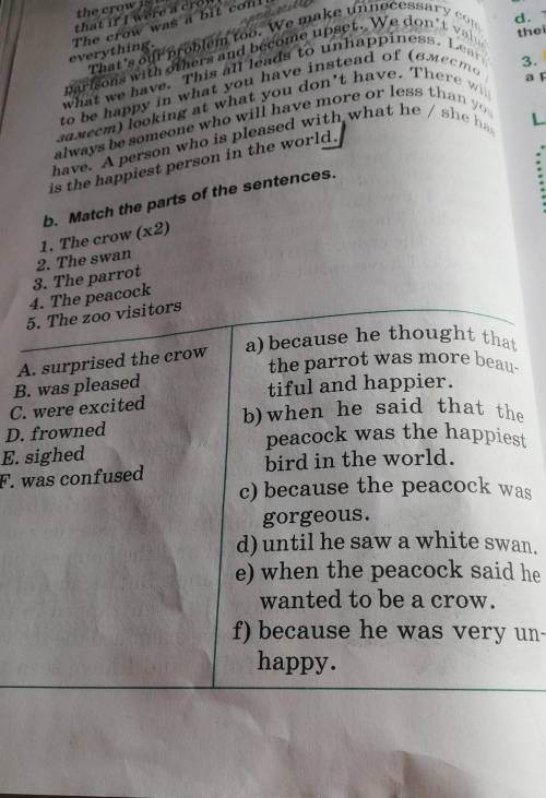 соединить придложения по тексту Who is Happy? The Peacock and The Crow