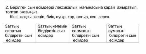 2 тапсырма:(Берілген сые есімдерді лексикалық мағынасына қарай ажыратып, топтап жазыңыз. 