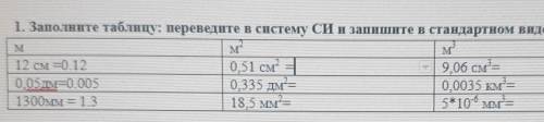 1. Заполните таблицу: переведите в систему СИ и запишите в стандартном виде.