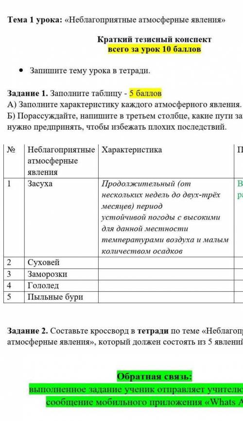 Заполните характеристику каждого атмосферного явления