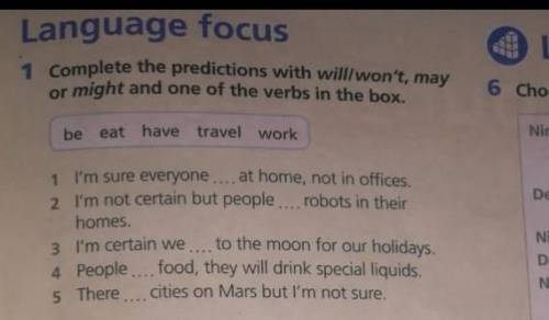 Complete the predictions with will/won't, may or might and one of the verbs in the box