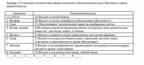 Установите соотвествие макроэлементов и биологическую роль заполните строку внизу