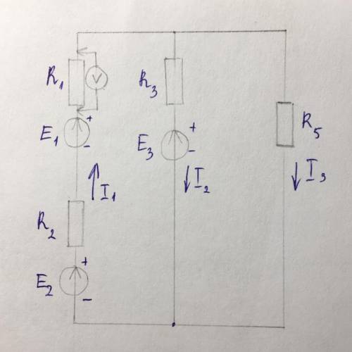 Рассчитайте токи I1, I2, I3 методом контурных токов. U1=21,8 U2=21,8 U3=5,6 R1=32,6 R2=37,78 R3=79,3