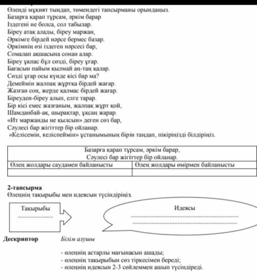 Базарға қарап тұрсам әркім барар.Өлеңнің тақырыбы мен идеясын түсіндіріңіз.Және басқа да тапсырмала