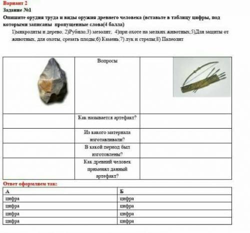 Опишите оружие труда и виды оружия древнего человека (вставьте в таблицу цифры, под которыми записан