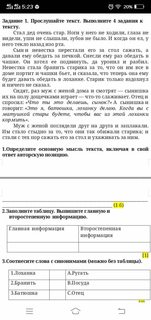 Заполните таблицу. Выпишите главную и второстепенную информацию.