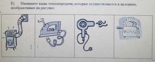 E) Напишите виды теплопередачи, которые осуществляются в явлениях,Изображенных на рисунке.