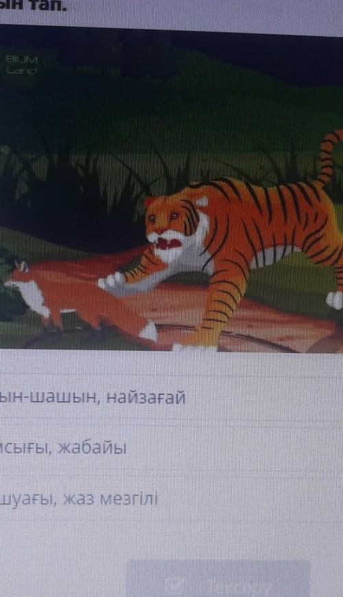 Суретке сәйкес сөздер қатарын тап. Ауа райы, ыстық, салқын, жауын-шашын, найзағайЖолбарыс, түлкі, құ