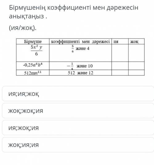 Бірмүшенің коэффиценті мен дәрежесін тап