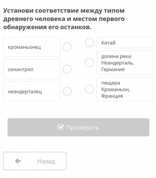 Установи соответствие между типом древнего человека и местом первого обнаружения его останков.