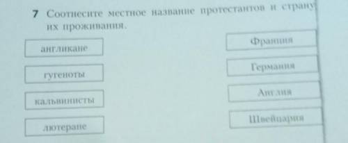 Соотнесите местное название протестантов и страну их проживания 