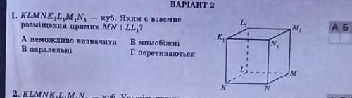 KLMNK1L1M1N1 - куб . Яким є взаємна розміщення прямих MN і LL1