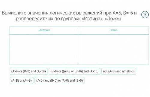 Вычислите значения логических выражений при а=5,б=-5,и распределите их по группам истина,ложь