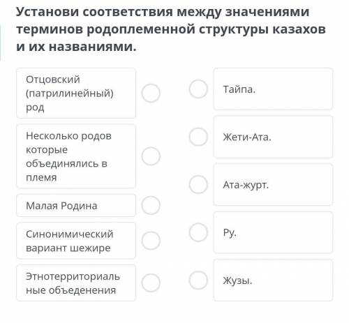Установи соответствия между значениями терминов родоплеменной структуры казахов и их названиями. 