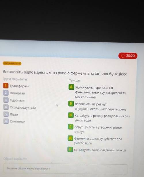 Встановіть відповідність між групою ферментів та їхньою функцією