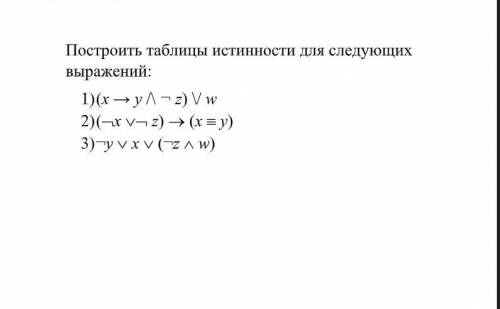 Построить таблицы истинности для следующих выражений: 1) (x → y /\ ¬ z) \/ w 2) (x z) (x y)