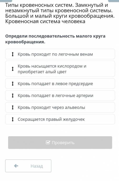 Определи последовательность малого круга кровообращения. Кровь проходит по легочным венамКровь насыщ