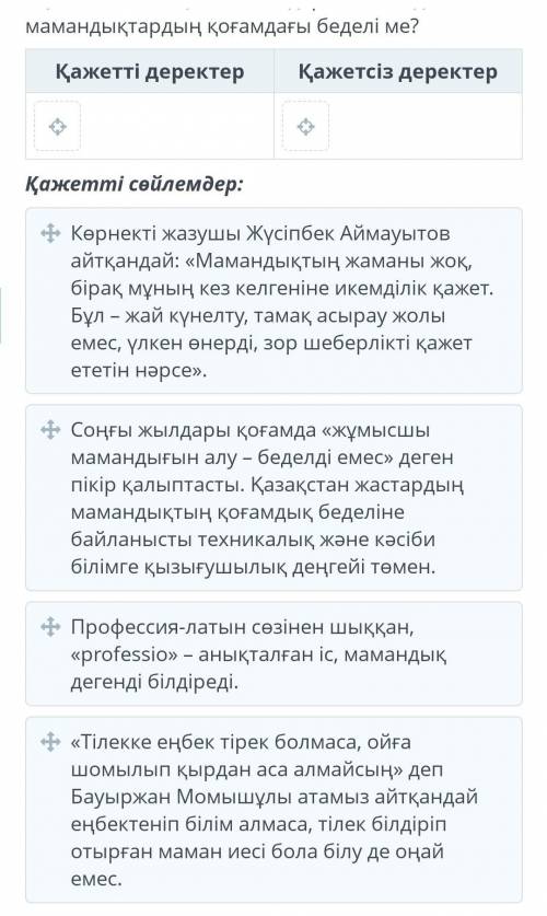 Сауалға сай деректерді оң ұяшыққа, қажетсіз деректерді сол ұяшыққа ажырат.Кім біледі? 