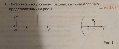 Please Постройте изображения предметов в линзе и зеркале представленных на рисунке