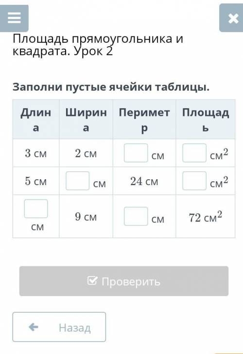 Заполни пустые ячейки таблицы.ДлинаШиринаПериметрПлощадь