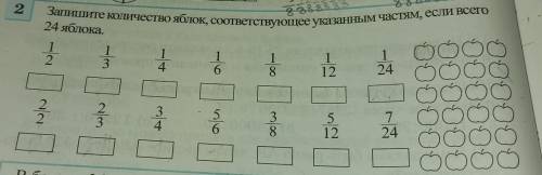Запишите количество яблок, соответствующее указанным частям, если всего 24 яблока.