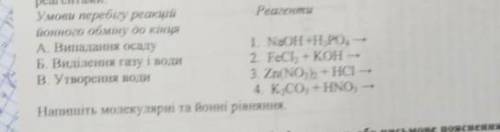 Установіть відповідність між умовами перебігу реакцій йонного обміну до кінця та реагентами