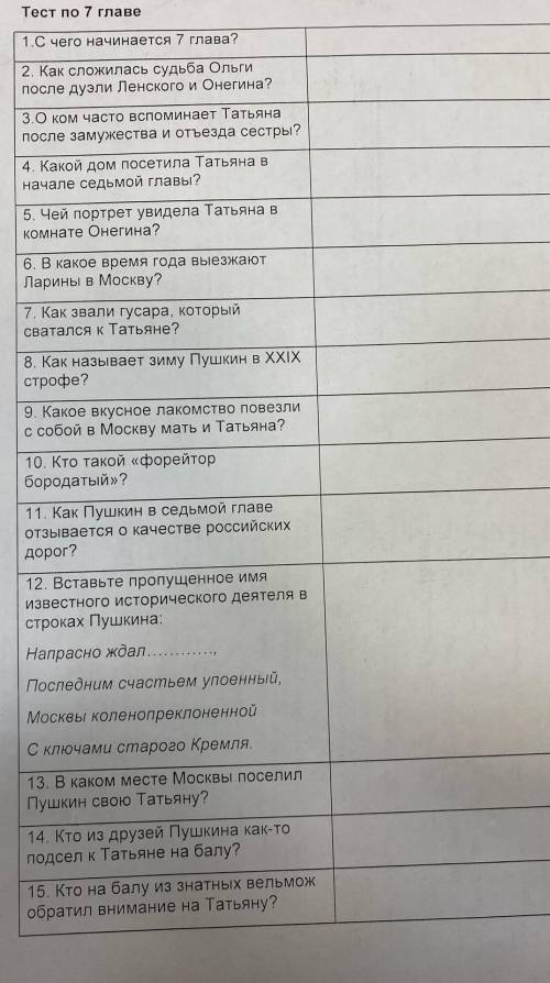 Тест по Евгению Онегину (7 глава). Кратко ответить на все вопросы.