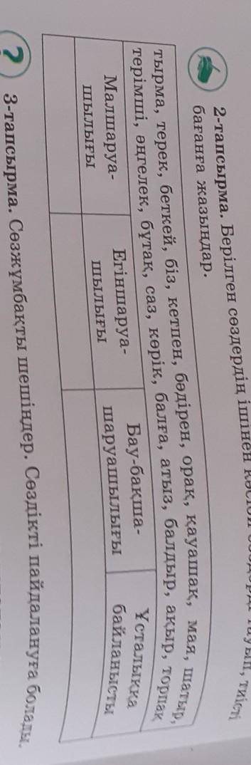 Берілген сөздердің ішінен кәсіби сөздерді тауып тиісті бағаға жазыңдар 