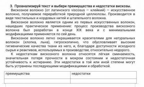 Проанализируй текст и выбери преимущества и недостатки вискозы